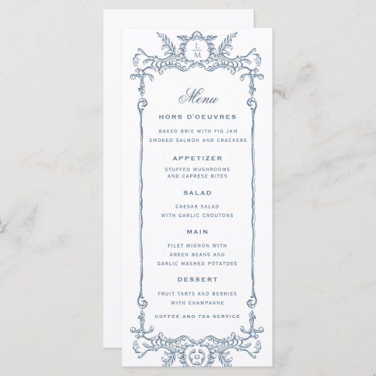 Frans Blauw Barok | Monogram bruiloft Menu (Voorkant / Achterkant)