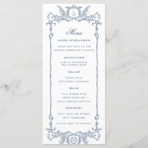 Frans Blauw Barok Monogram bruiloft Menu