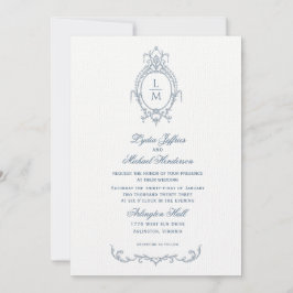 Frans Blauw Barok Monogram Huwelijk Kaart
