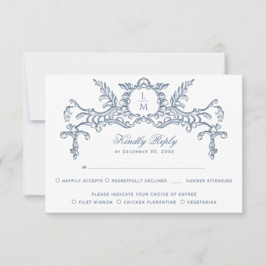 Frans Blauw Barok Monogram RSVP Kaartje (Voorkant)