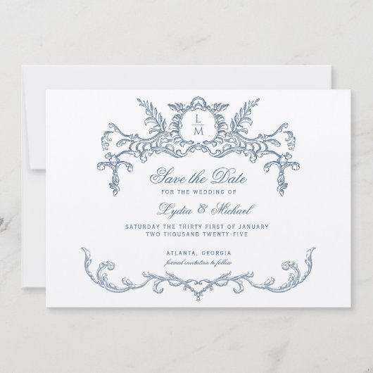 Frans Blauw Barok Monogram Save The Date (Voorkant)