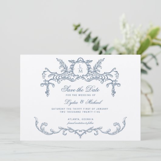 Frans Blauw Barok Monogram Save The Date (Staand voorkant)