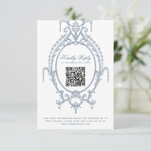 Frans Blauw Barok QR Code RSVP Card (Staand voorkant)