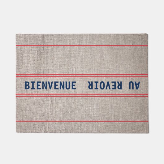 Frans Blauw Bienvenue Au Revoir & Rood Gestreept Deurmat (Voorkant)