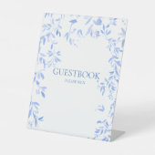 Frans Blauw Bloemen Botanisch Bruiloft Gastenboek Reclamebord Met Voetstuk (Voorkant)