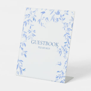 Frans Blauw Bloemen Botanisch Bruiloft Gastenboek Reclamebord Met Voetstuk