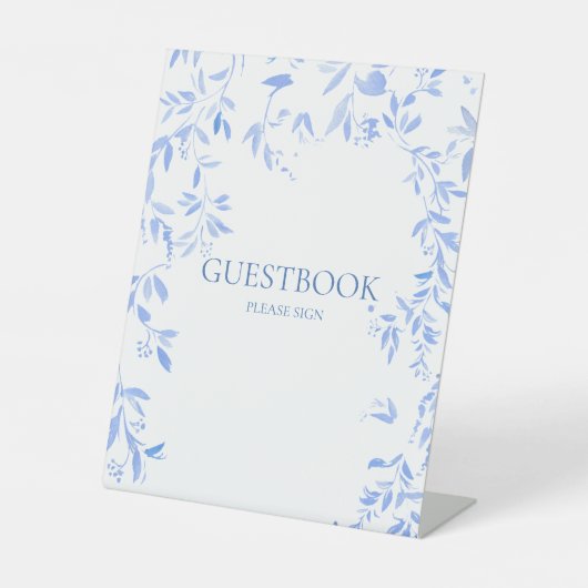 Frans Blauw Bloemen Botanisch Bruiloft Gastenboek Reclamebord Met Voetstuk (Voorkant)