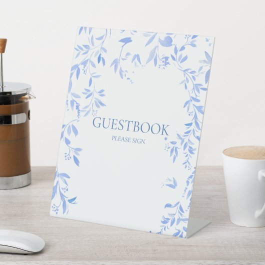 Frans Blauw Bloemen Botanisch Bruiloft Gastenboek Reclamebord Met Voetstuk (Insitu)