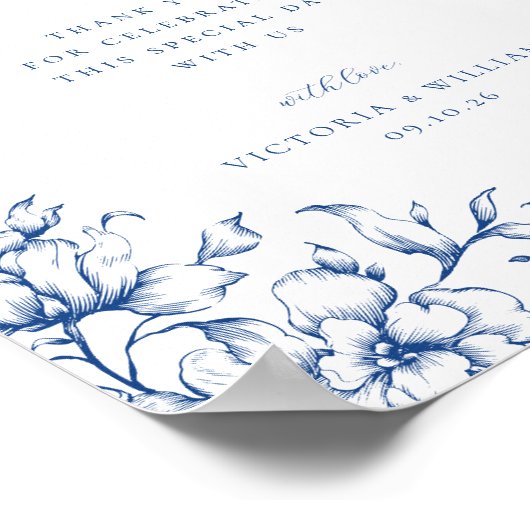 Frans Blauw Bloemen Bruiloft Favor Sign Poster (Hoek)