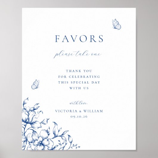 Frans Blauw Bloemen Bruiloft Favor Sign Poster (Voorkant)