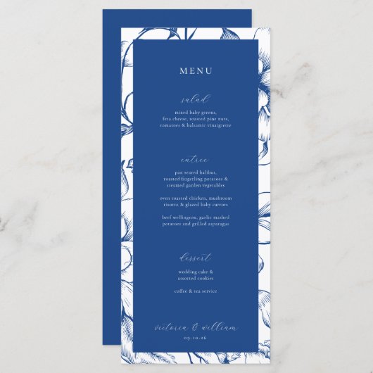 Frans Blauw Bloemen Bruiloft Menu en Dank u (Voorkant / Achterkant)