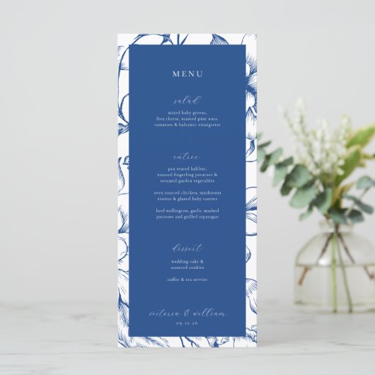 Frans Blauw Bloemen Bruiloft Menu en Dank u (Staand voorkant)