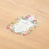 Frans Blauw Bloemen Monogram  Crest Wedding Acryl Uitnodigingen (Laagn)