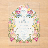 Frans Blauw Bloemen Monogram  Crest Wedding Acryl Uitnodigingen (Voorkant)