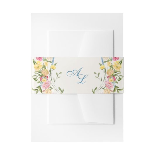 Frans Blauw Bloemen Monogram Crest Wedding Uitnodigingen Wikkel (Voorkant Voorbeeld)