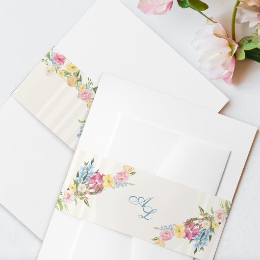 Frans Blauw Bloemen Monogram  Crest Wedding Uitnodigingen Wikkel