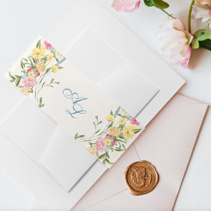 Frans Blauw Bloemen Monogram  Crest Wedding Uitnodigingen Wikkel