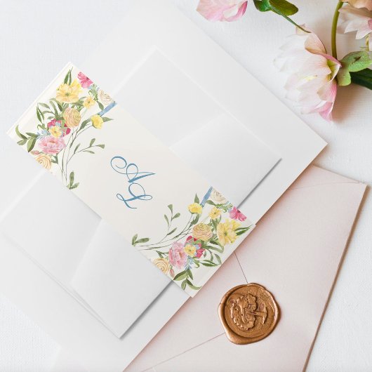 Frans Blauw Bloemen Monogram Crest Wedding Uitnodigingen Wikkel