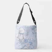 Frans blauw bloemig ornament en beer crossbody tas (Voorkant)