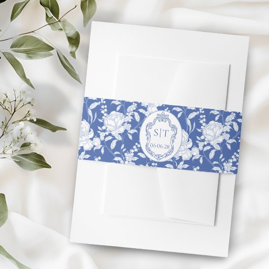 Frans Blauw Bloemmotief Chinoiserie Monogram Uitnodigingen Wikkel