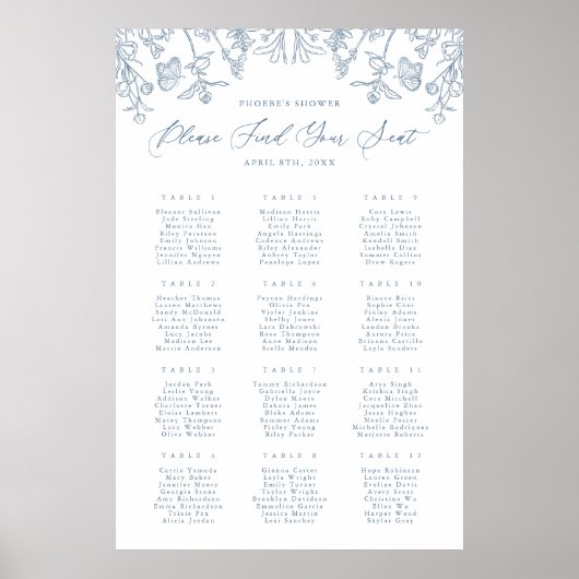 Frans Blauw Chinoiserie Bloemen Bruids Zitplaatsen Poster (Voorkant)