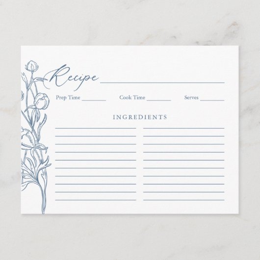 Frans Blauw Chinoiserie Bloemen Bruidsrecept Kaart (Voorkant)