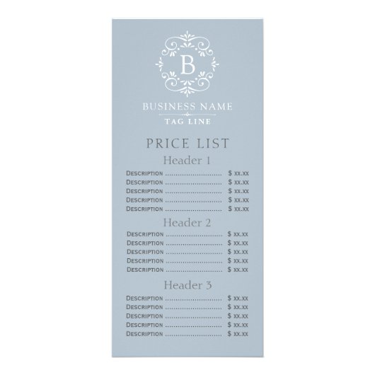 Frans Blauw Elegant Monogram Prijslijst Reclamekaart (Voorkant)