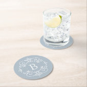 Frans Blauw en wit Elegant Monogram Ronde Kartonnen Onderzetter (Insitu)