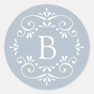 Frans Blauw en wit Elegant Monogram Ronde Sticker