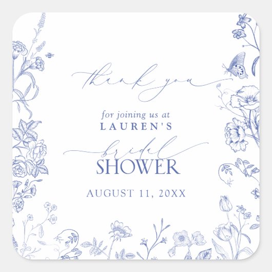 Frans Blauw en wit Floral Vrijgezellenfeest Hartel Vierkante Sticker (Voorkant)