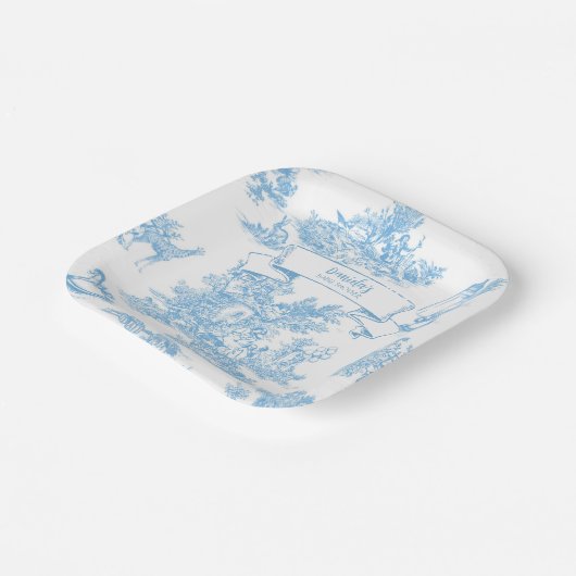 Frans Blauw en Wit Toile de Jouy Baby shower Papieren Bordje (Gebogen)
