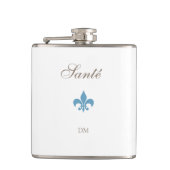 Frans Blauw Fleur de Lis Santé Monogram Bruiloft Heupfles (Voorkant)