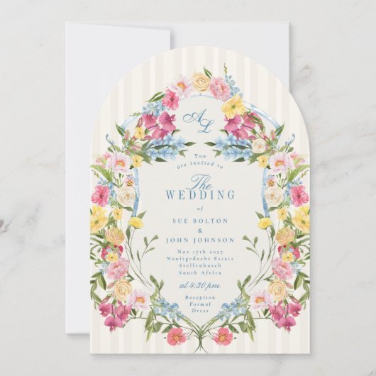 Frans Blauw Kleurrijke Bloemmonogram  Crest Kaart (Voorkant)