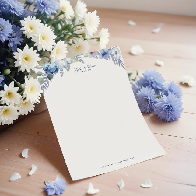 Frans Blauw & Lavendel Waterverf Bloemen Bruiloft Briefhoofd (French Blue & Lavender Watercolor Floral Wedding Letterhead)