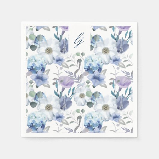 Frans Blauw & Lavendel Waterverf Bloemen Bruiloft Servet (Voorkant)
