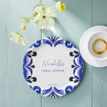 Frans Blauw Mediterraan tegels vrijgezellenfeest Papieren Bordje<br><div class="desc">Blue Majolica Mexican Talavera Spaans Frans Mediterraan tegels vrijgezellenfeest bedrukt papier borden sjabloon. Moderne waterverf tegels blauw kleuren met modern handschrift lettertype gepersonaliseerd servies gedrukt borden aangepaste tafel decor</div>