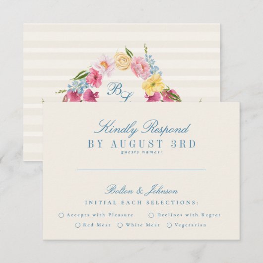 Frans Blauw Monogram Bloemenboeket RSVP Kaartje (Voorkant / Achterkant)