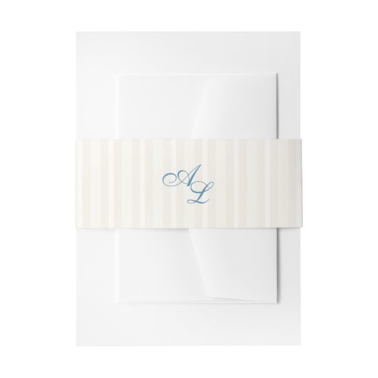 Frans Blauw Monogram  Cream Stripe Wedding Uitnodigingen Wikkel (Voorkant Voorbeeld)