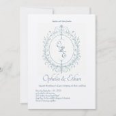 Frans Blauw Monogram Victoriaans kuif bruiloft Kaart (Voorkant)