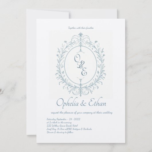 Frans Blauw Monogram Victoriaans kuif bruiloft Kaart (Voorkant)