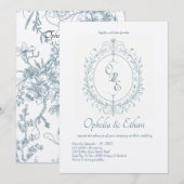 Frans Blauw Monogram Victoriaans kuif bruiloft Kaart (Voorkant / Achterkant)