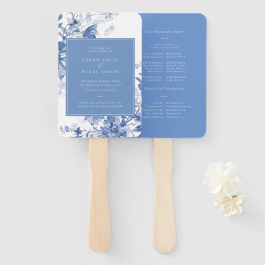 Frans Blauw Toile Bloemen Trouwprogramma Handwaaier (Voorkant en achterkant)