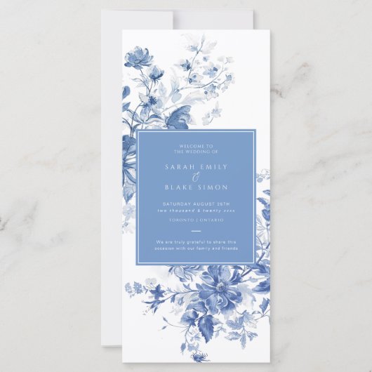 Frans Blauw Toile Bloemen Trouwprogramma Kaart (Voorkant)