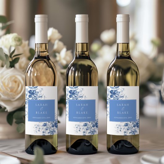 Frans Blauw Toile Bloemen Trouwwijn Fles Label Wijn Etiket