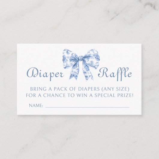 Frans Blauw Toile Bow Baby shower Luier Raffle Informatiekaartje (Voorkant)