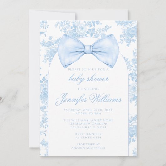 Frans Blauw Toile Bow Stropdas Boho Baby Boy Showe Kaart (Voorkant)