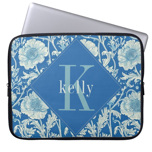  Frans blauw William Morris Monogram Laptop Sleeve (Voorkant)