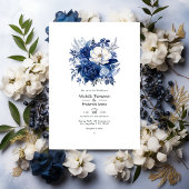 Frans Blauw,  Wit & Navy Bloemen Bruiloft Kaart