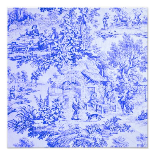 Frans Blauw Wit Toile Chinoiserie Rustieke stijl Foto Afdruk (Voorkant)