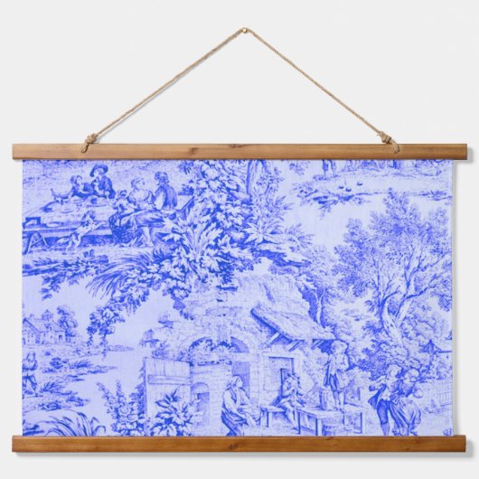 Frans Blauw Wit Toile Chinoiserie Rustieke stijl Hangend Wandkleed (Voorkant)